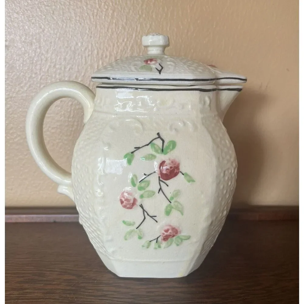 Vtg‎ Moriyama Japan Basketweave Majolica Floral Tea Pot Set Cream Sugar Japan